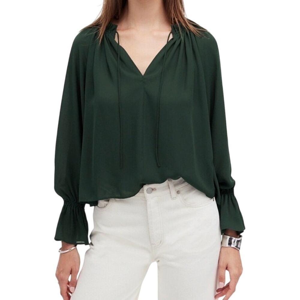 Madewell Smocked Peasant Blouse Size S Green Tie Neck Long Sleeve NWT
